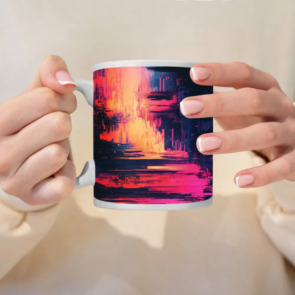 Glitch Art Abstract Neon Pink Cityscape – Mugs