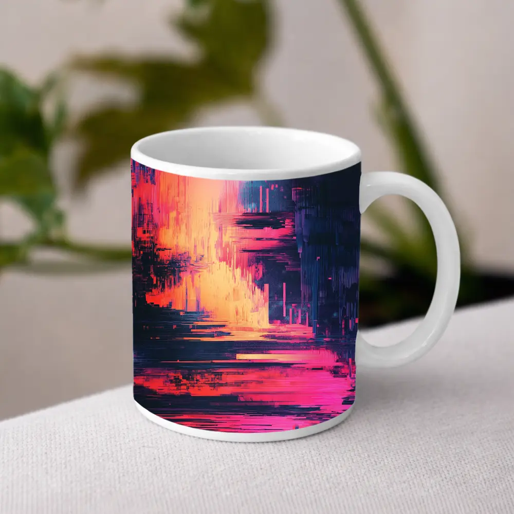 Glitch Art Abstract Neon Pink Cityscape – Mugs