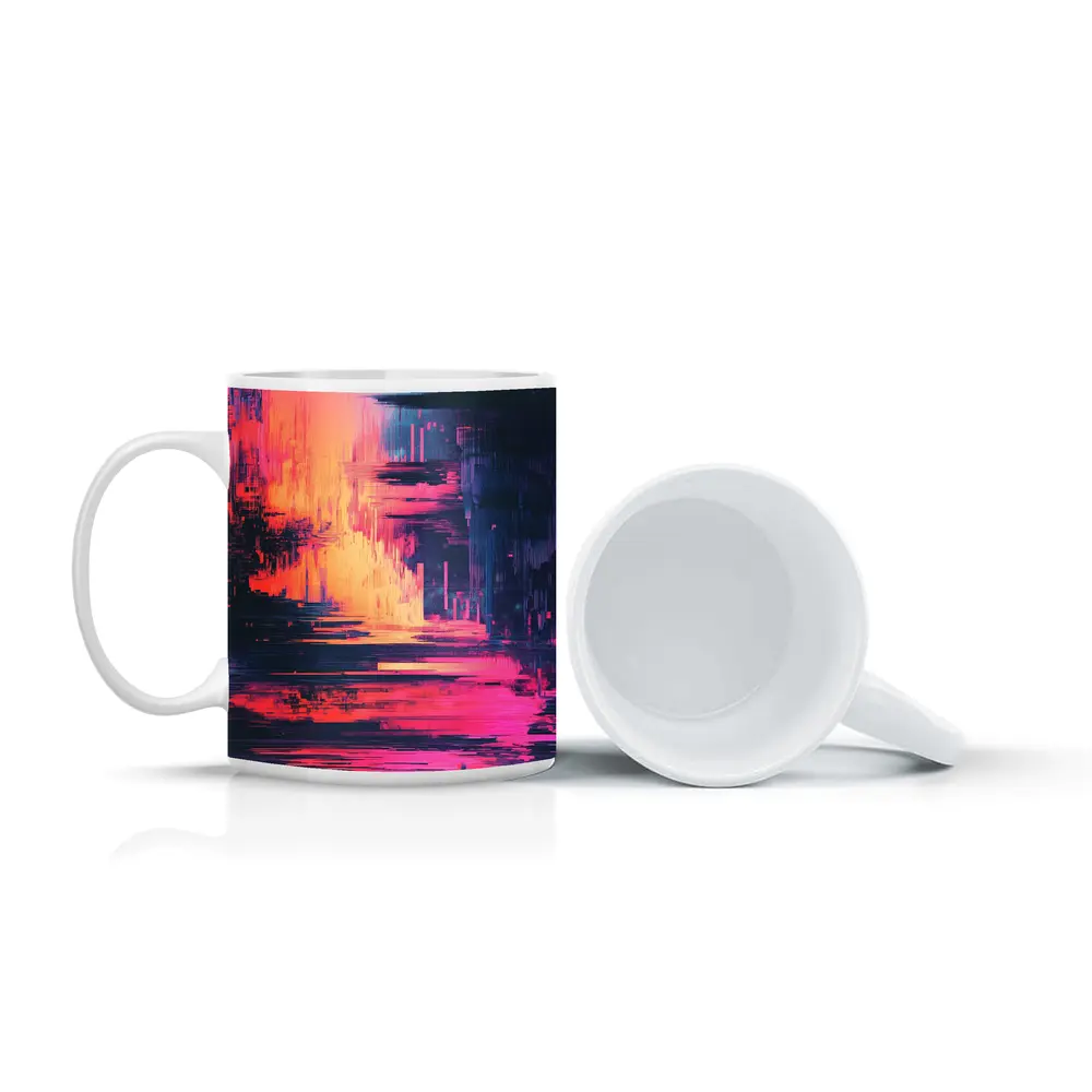 Glitch Art Abstract Neon Pink Cityscape – Mugs