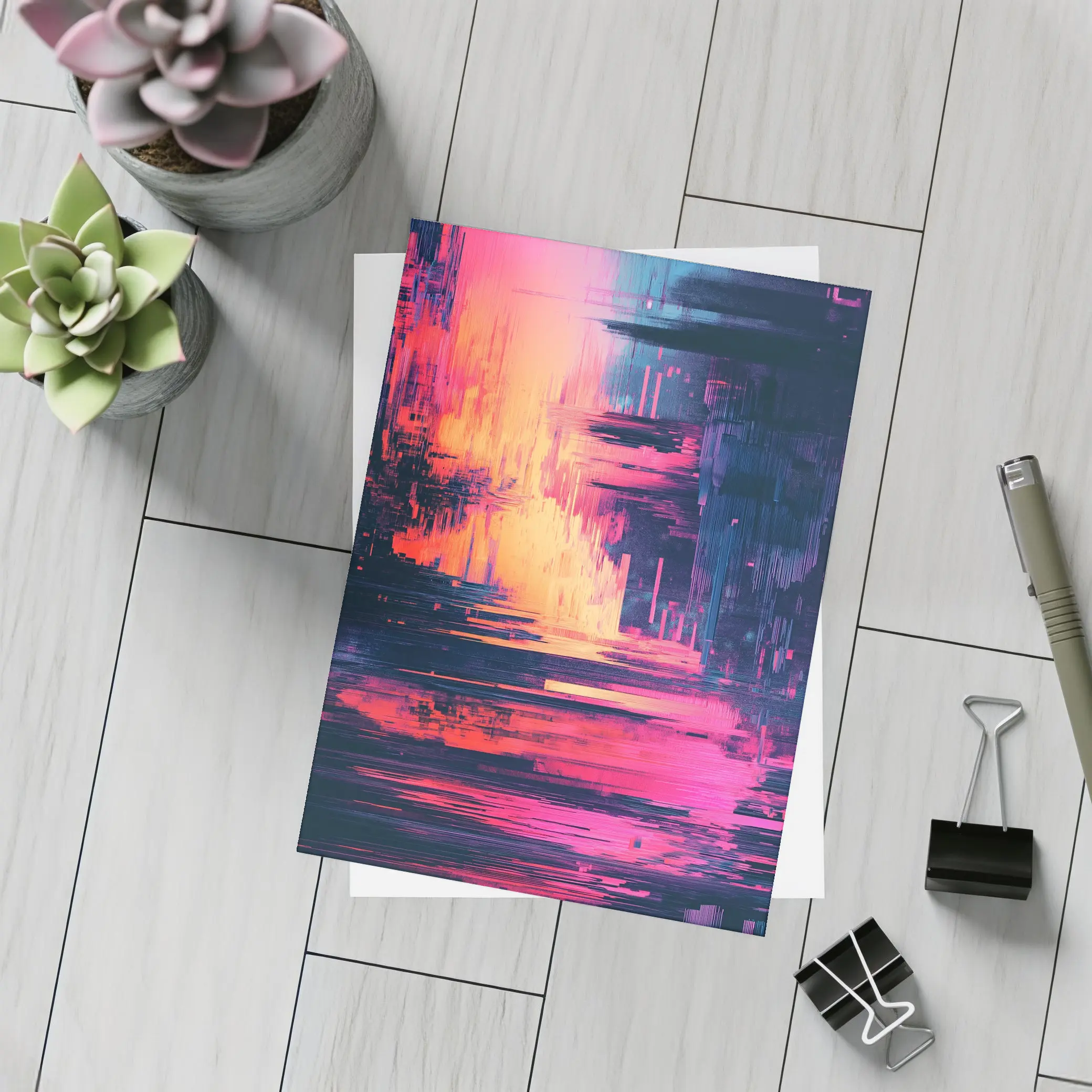 Glitch Art Abstract Neon Pink Cityscape – Postcards