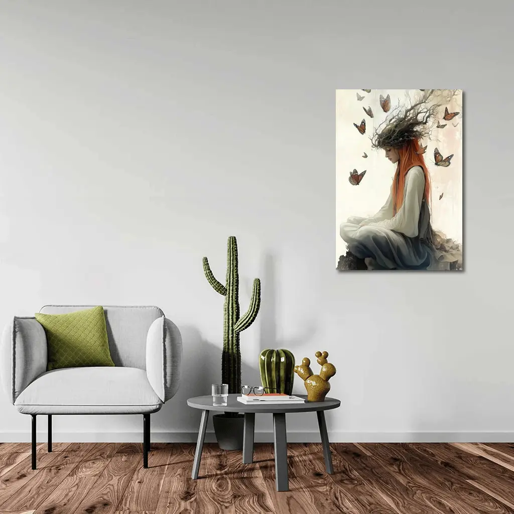 Red Haired Woman Butterflies Fantasy Art – Wall Art