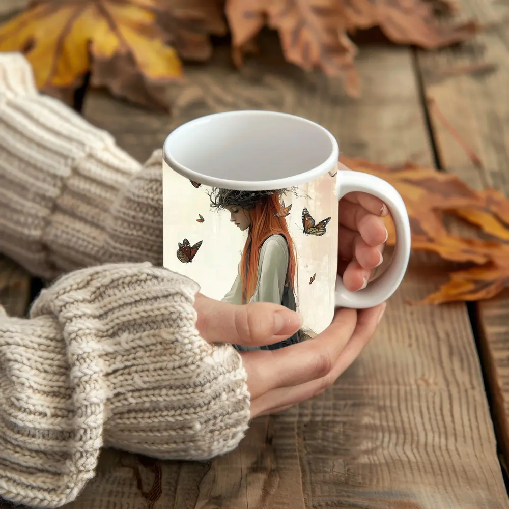 Red Haired Woman Butterflies Fantasy Art – Mugs