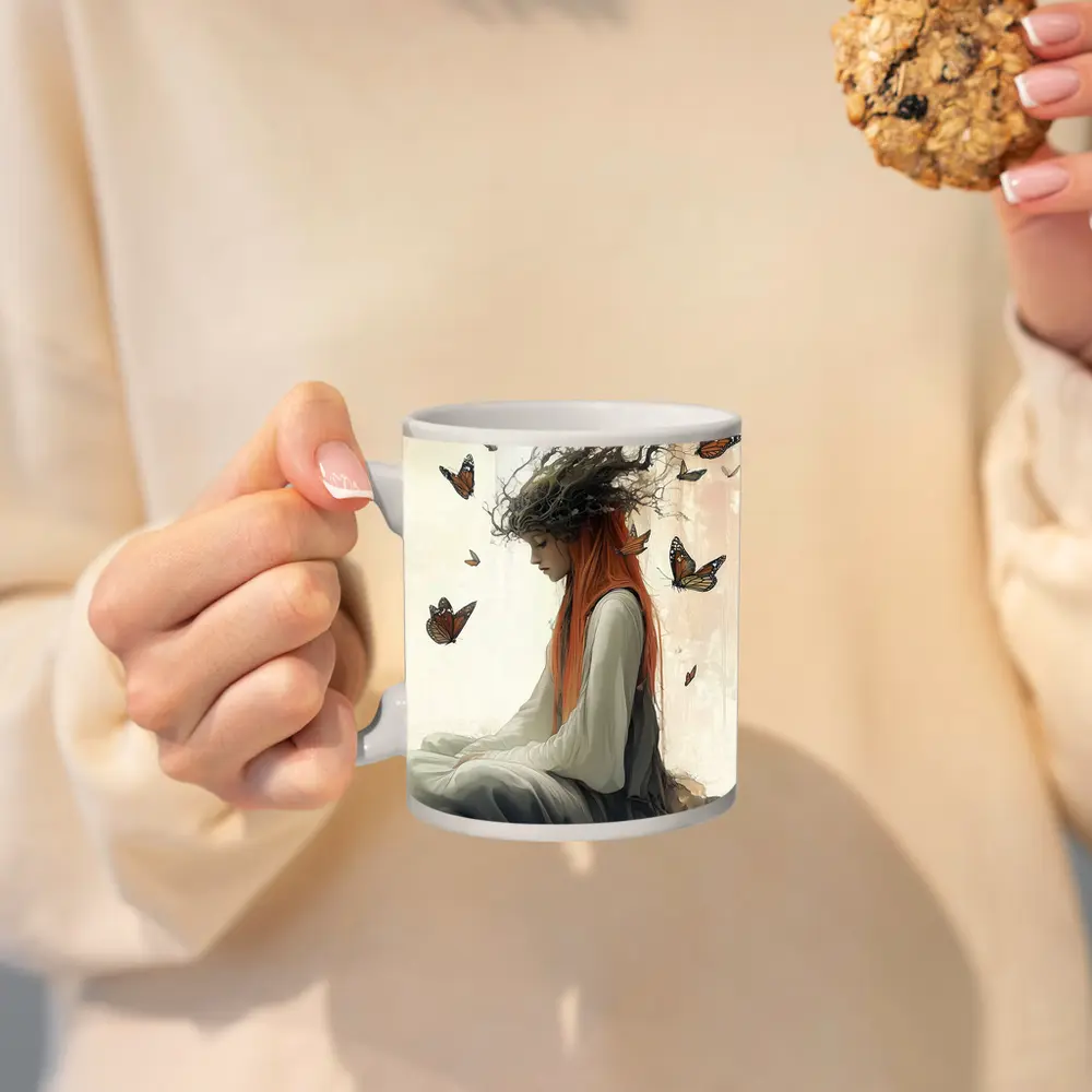 Red Haired Woman Butterflies Fantasy Art – Mugs