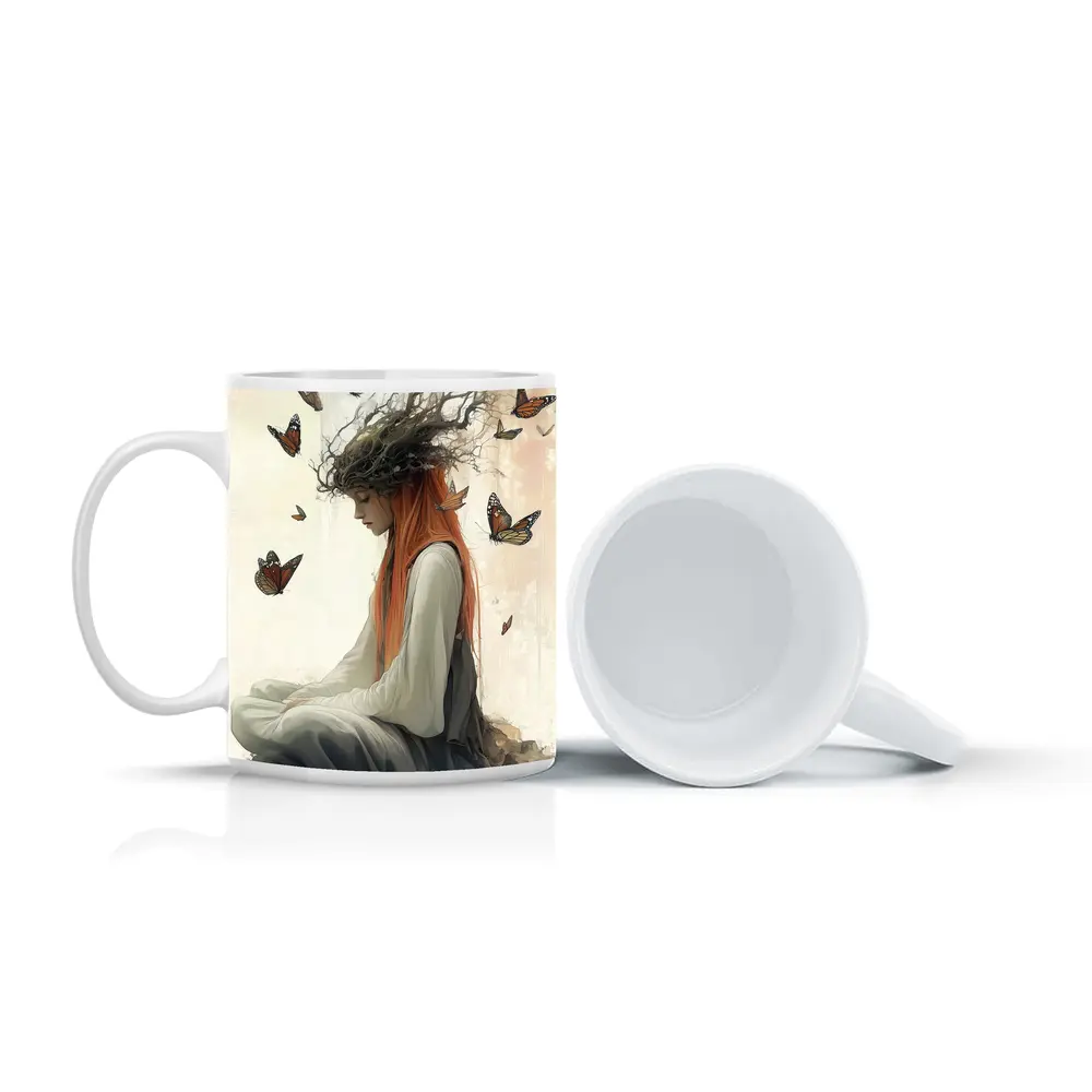 Red Haired Woman Butterflies Fantasy Art – Mugs