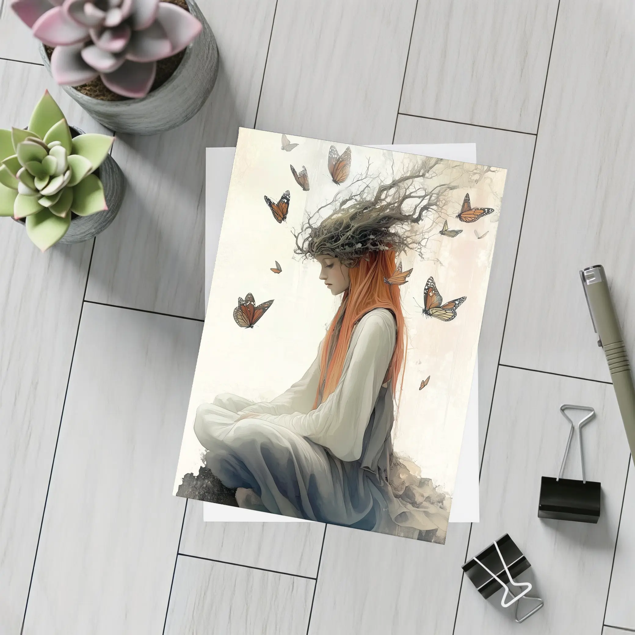 Red Haired Woman Butterflies Fantasy Art – Postcards