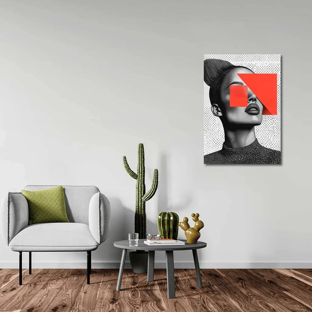 Black White Woman Portrait Red Geometric Collage – Wall Art