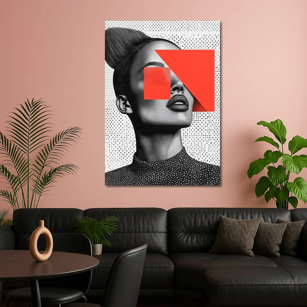Black White Woman Portrait Red Geometric Collage – Wall Art