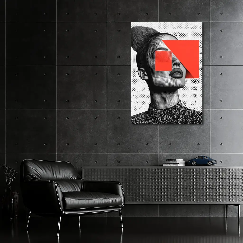 Black White Woman Portrait Red Geometric Collage – Wall Art