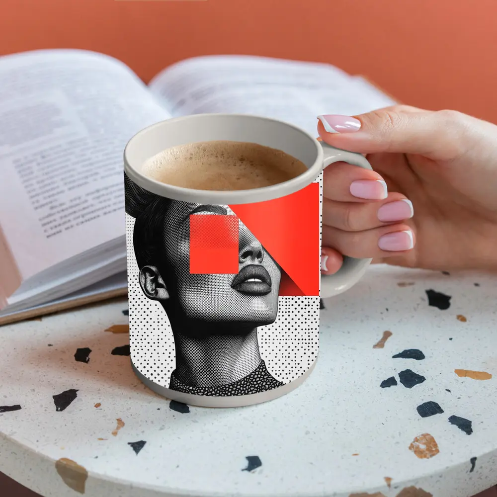 Black White Woman Portrait Red Geometric Collage – Mugs
