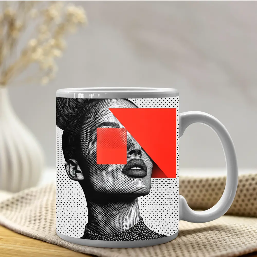 Black White Woman Portrait Red Geometric Collage – Mugs