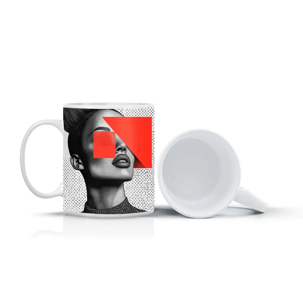 Black White Woman Portrait Red Geometric Collage – Mugs