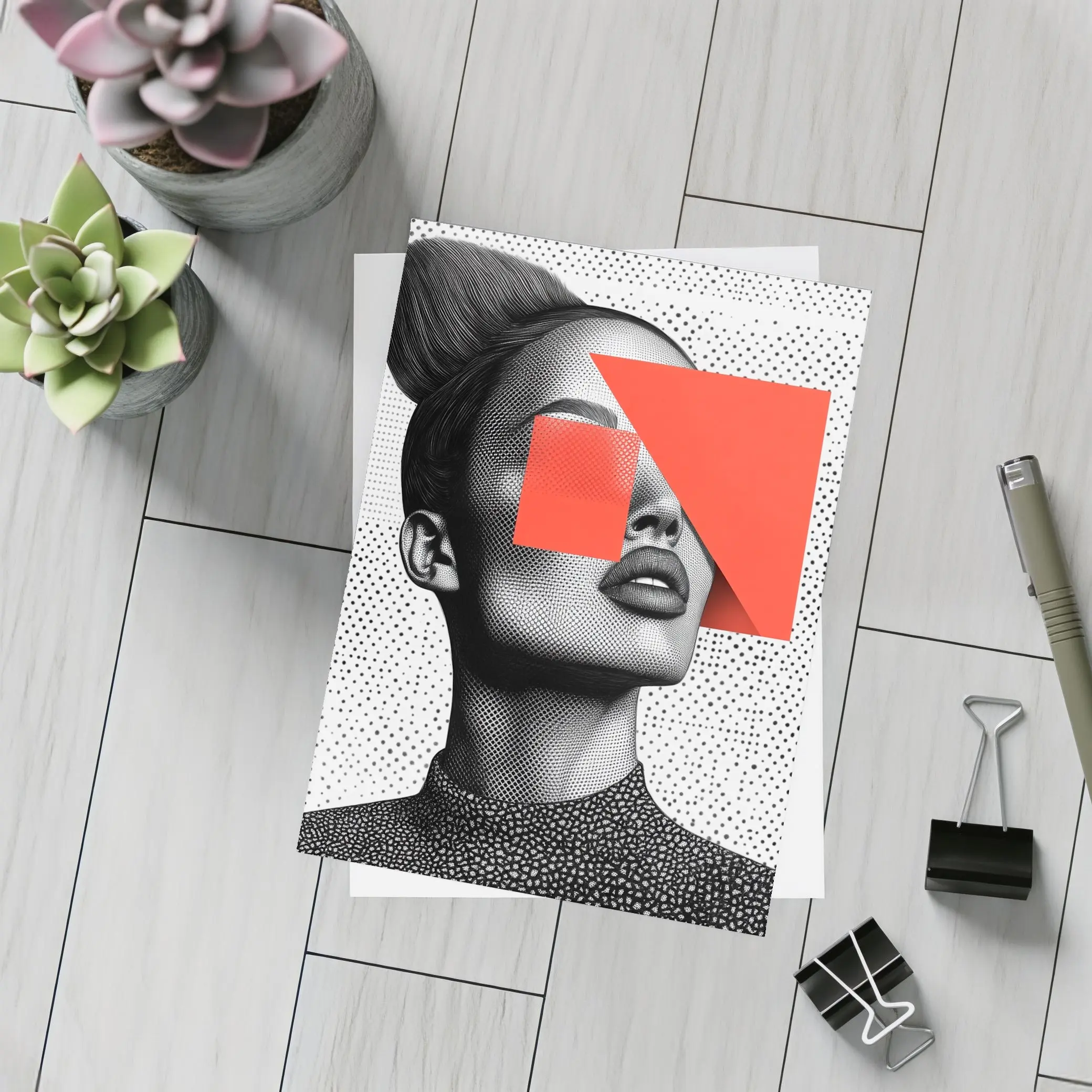 Black White Woman Portrait Red Geometric Collage – Postcards