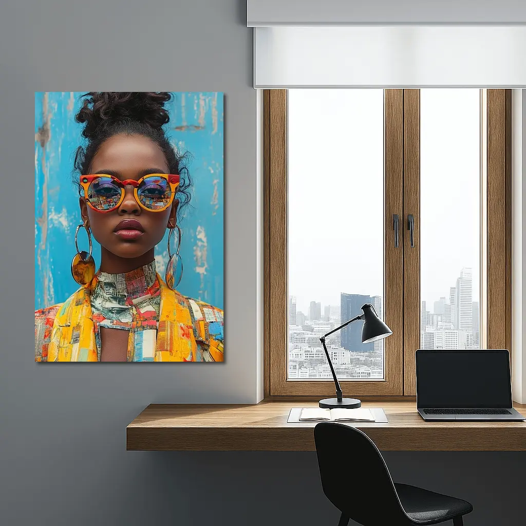 Bold Woman Orange Sunglasses Blue Wall – Wall Art