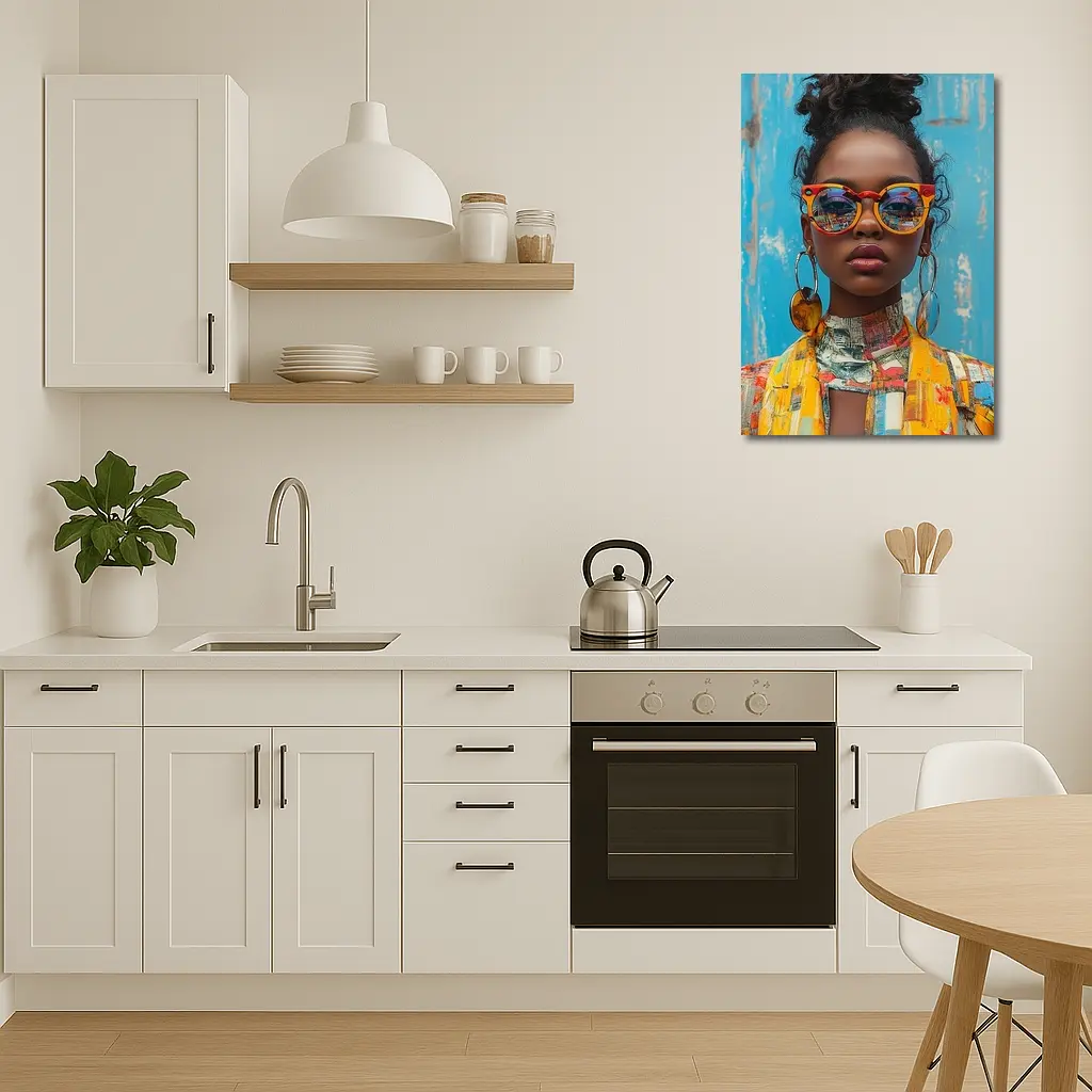 Bold Woman Orange Sunglasses Blue Wall – Wall Art