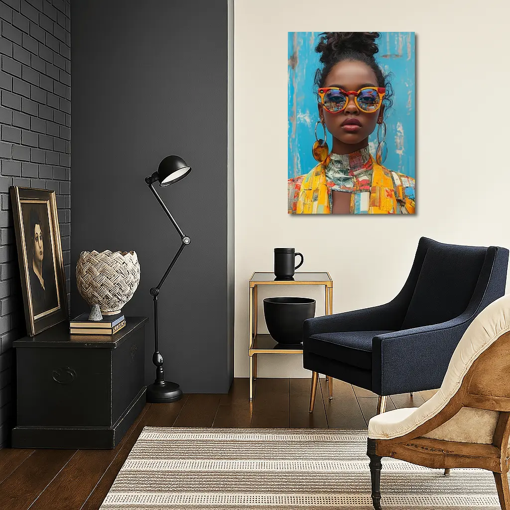 Bold Woman Orange Sunglasses Blue Wall – Wall Art