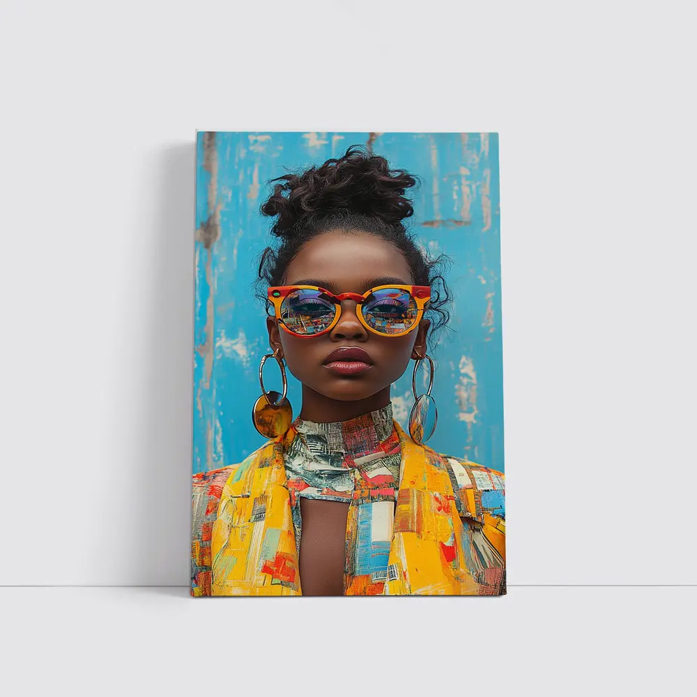 Bold Woman Orange Sunglasses Blue Wall – Wall Art