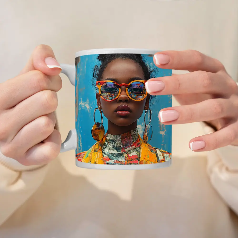 Bold Woman Orange Sunglasses Blue Wall – Mugs