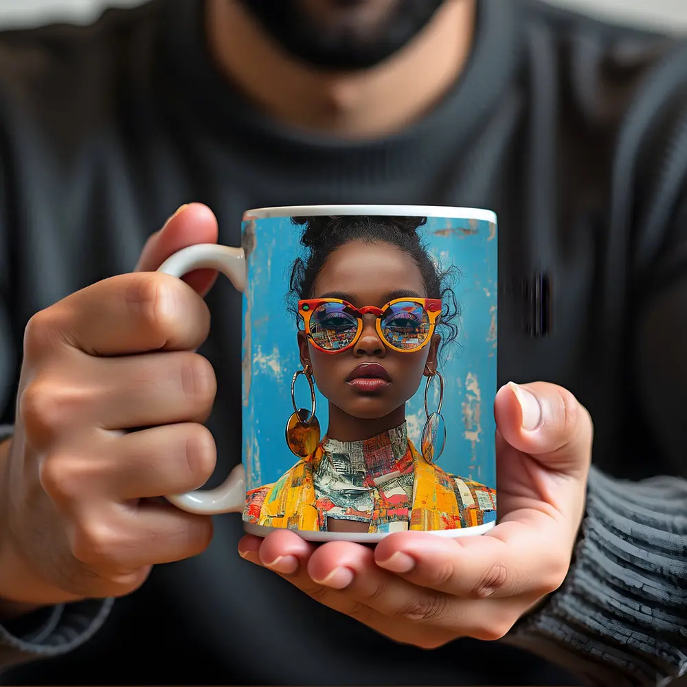 Bold Woman Orange Sunglasses Blue Wall – Mugs