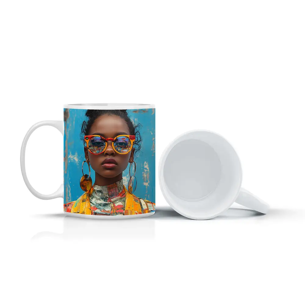 Bold Woman Orange Sunglasses Blue Wall – Mugs