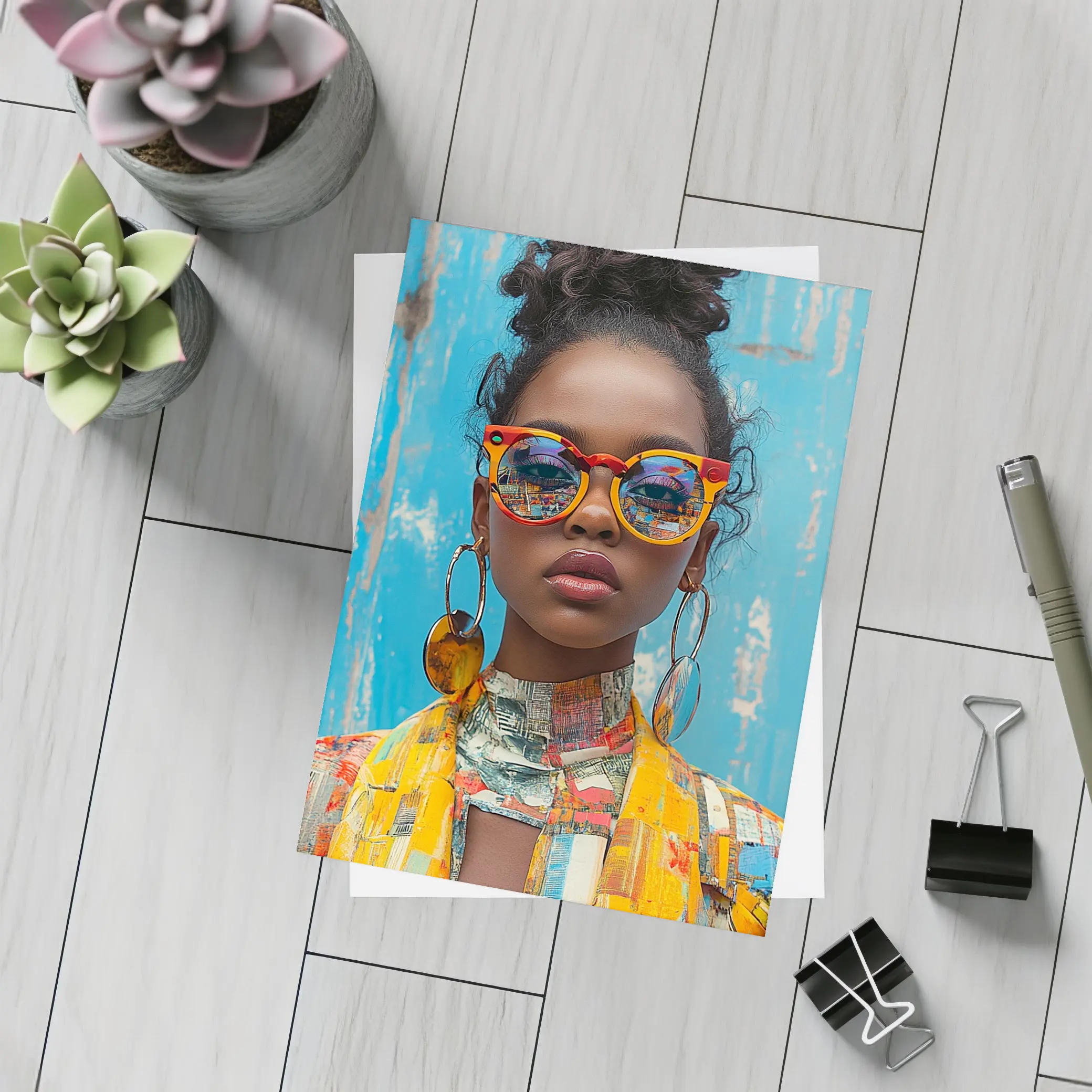 Bold Woman Orange Sunglasses Blue Wall – Postcards
