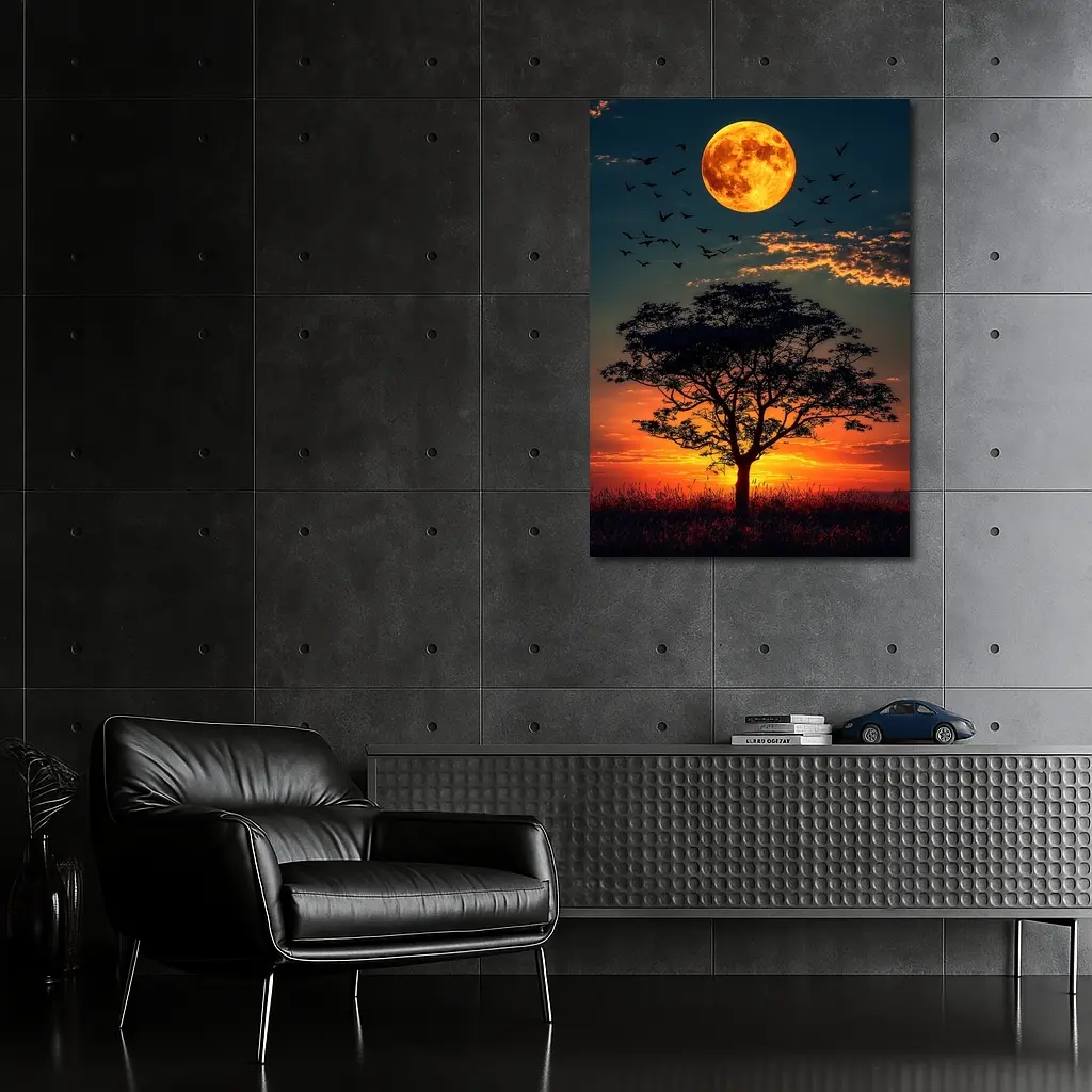 Full Moon Tree Silhouette African Sunset Sky – Wall Art