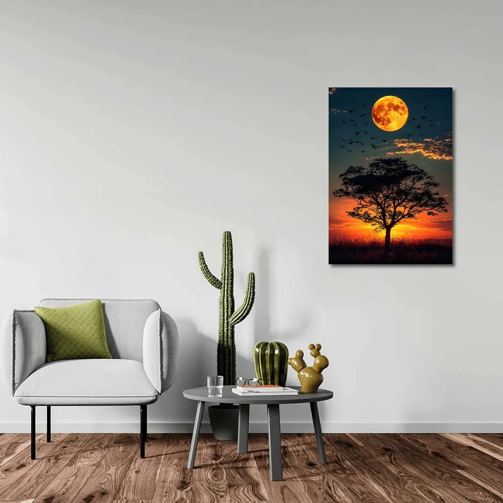 Full Moon Tree Silhouette African Sunset Sky – Wall Art
