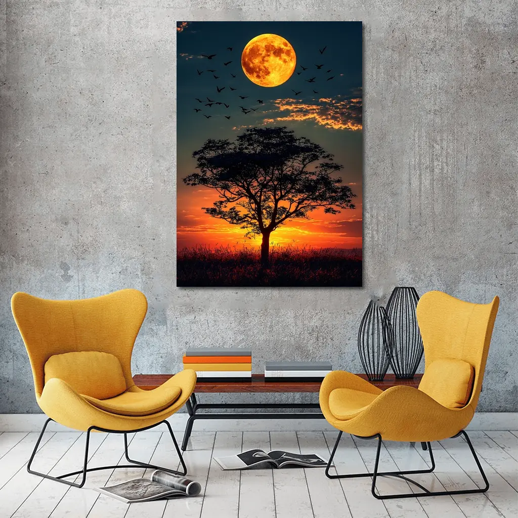 Full Moon Tree Silhouette African Sunset Sky – Wall Art