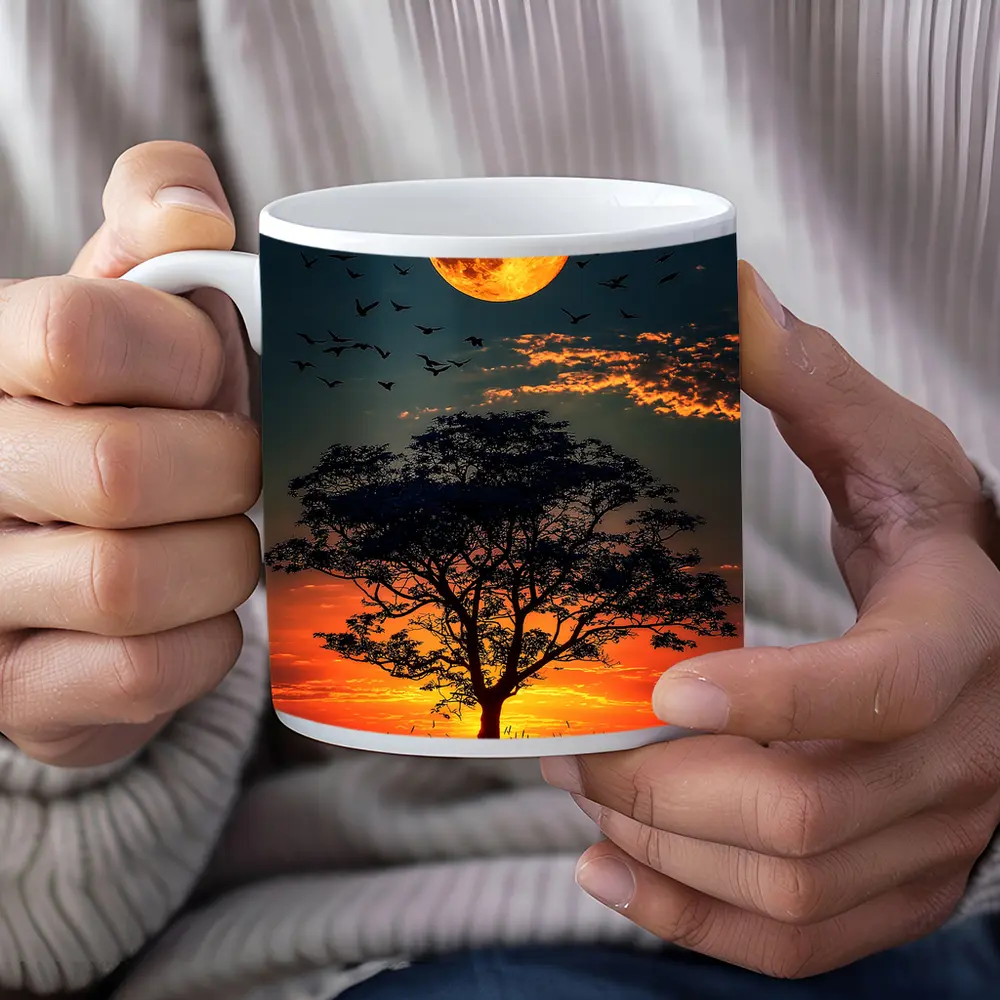 Full Moon Tree Silhouette African Sunset Sky – Mugs