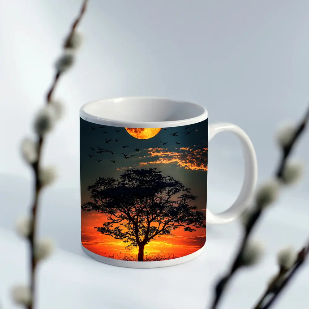 Full Moon Tree Silhouette African Sunset Sky – Mugs