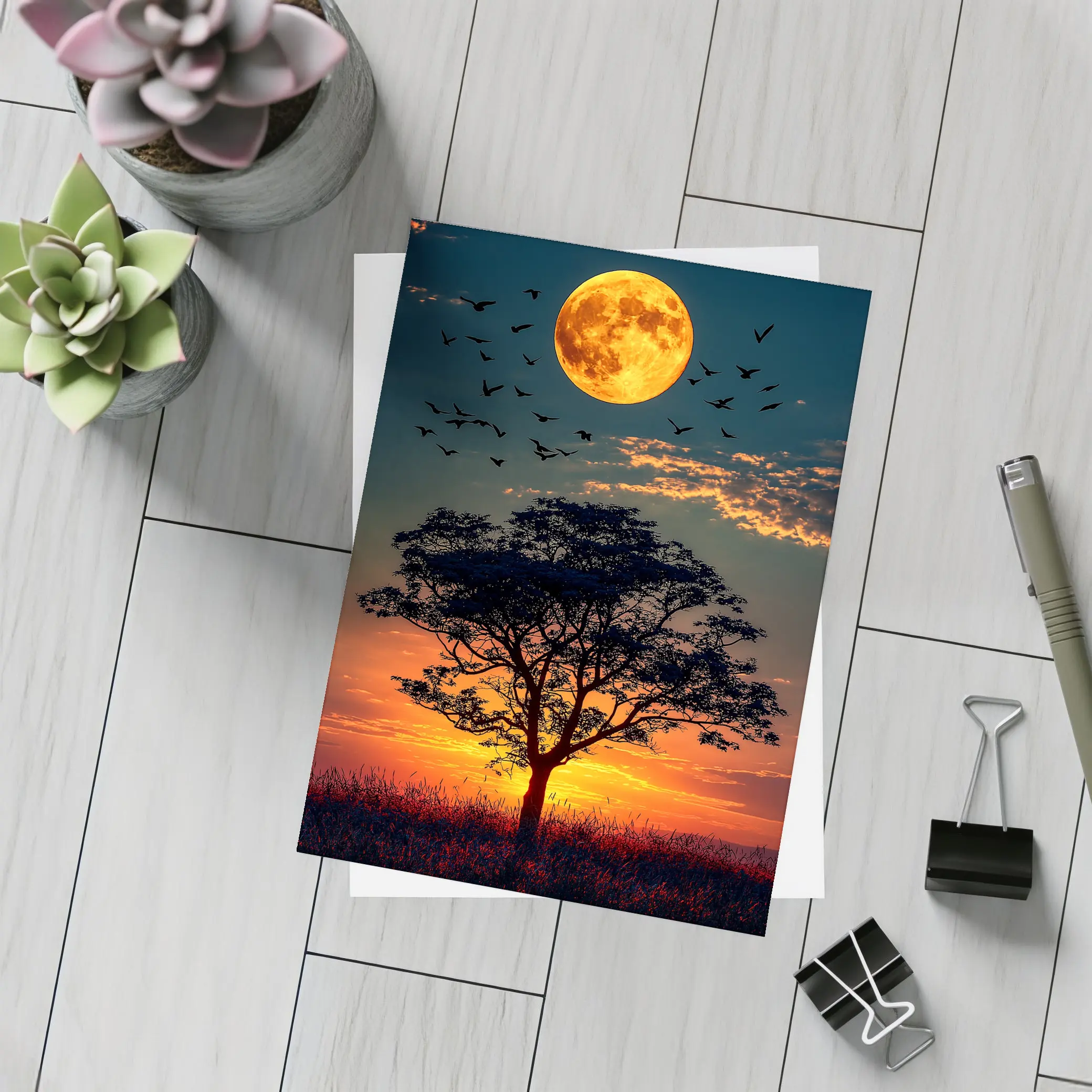 Full Moon Tree Silhouette African Sunset Sky – Postcards