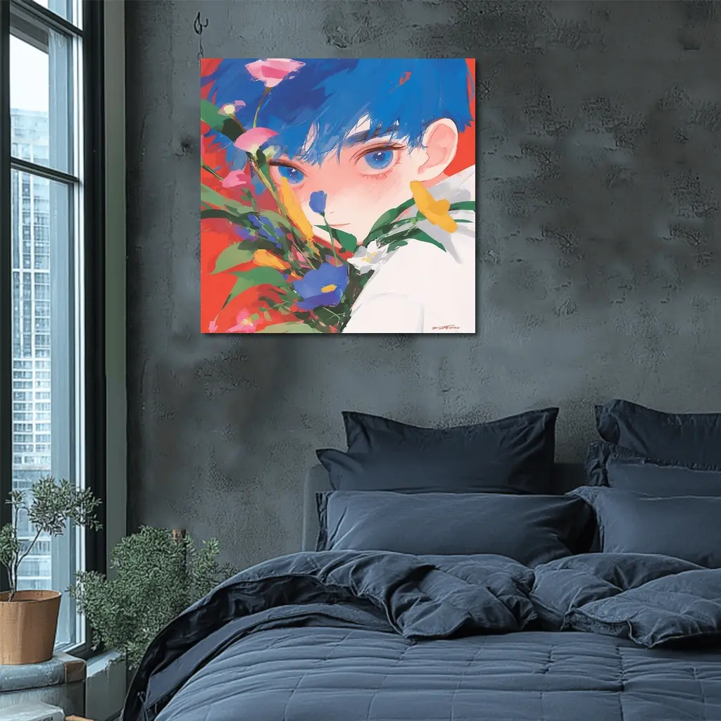 Anime Boy Blue Hair Colorful Flowers Red – Wall Art