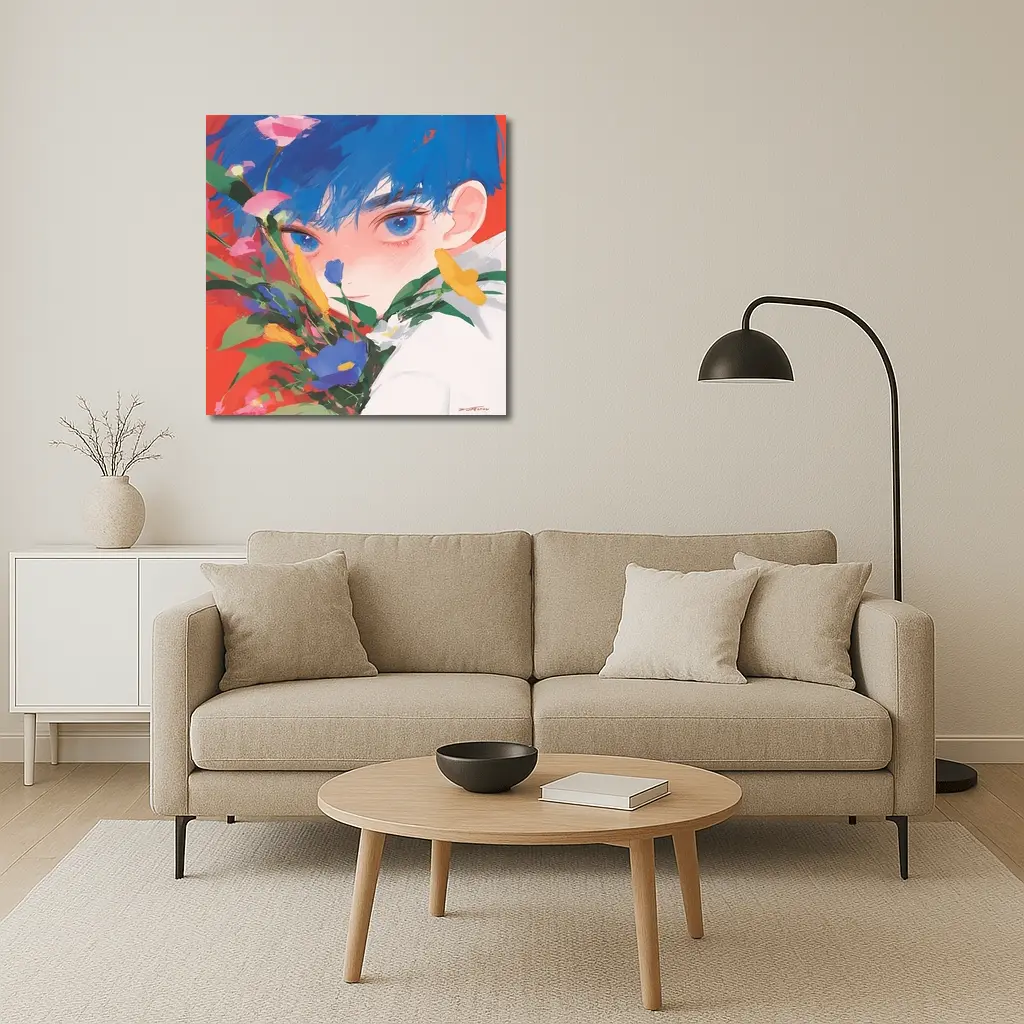 Anime Boy Blue Hair Colorful Flowers Red – Wall Art