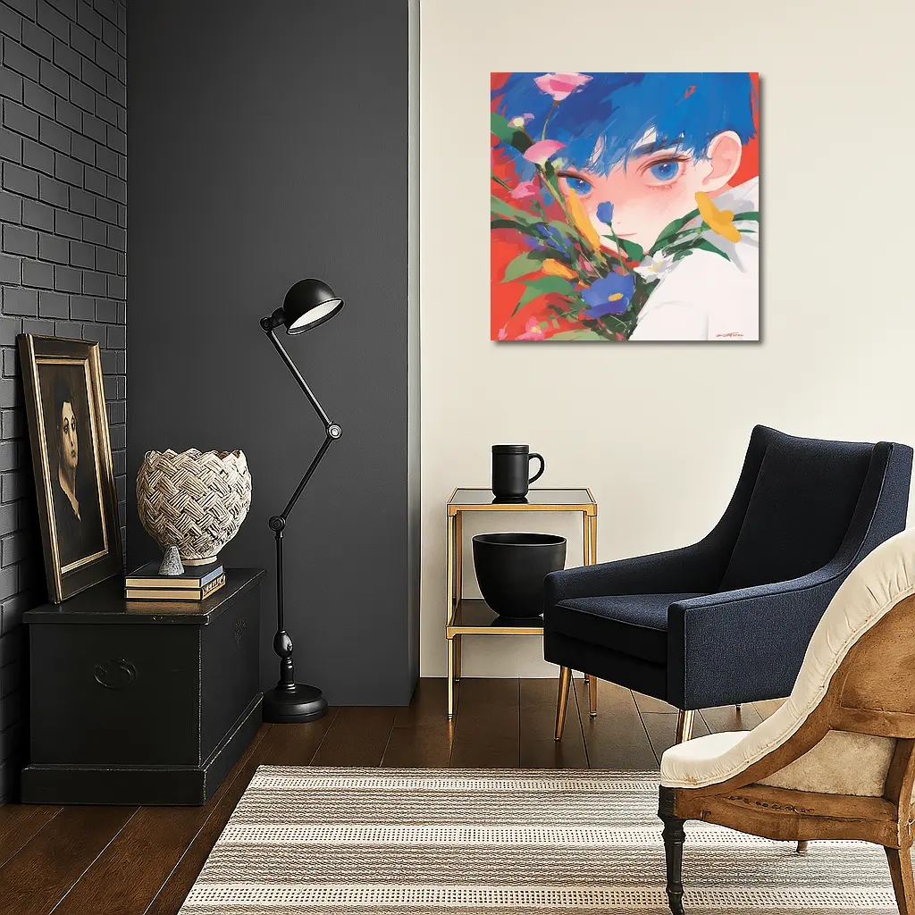 Anime Boy Blue Hair Colorful Flowers Red – Wall Art