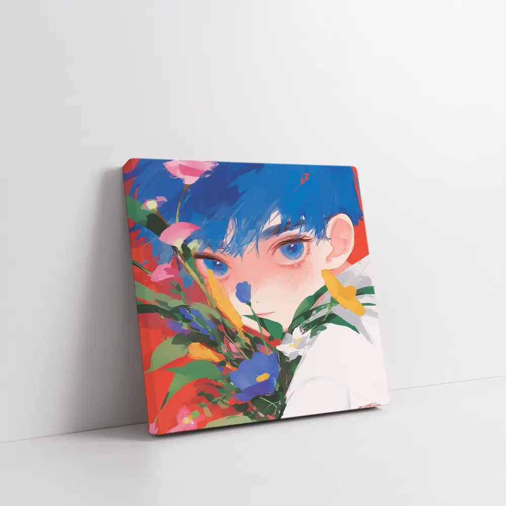 Anime Boy Blue Hair Colorful Flowers Red – Wall Art