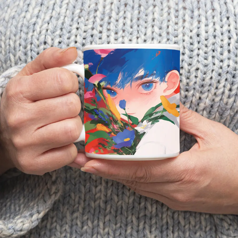 Anime Boy Blue Hair Colorful Flowers Red – Mugs
