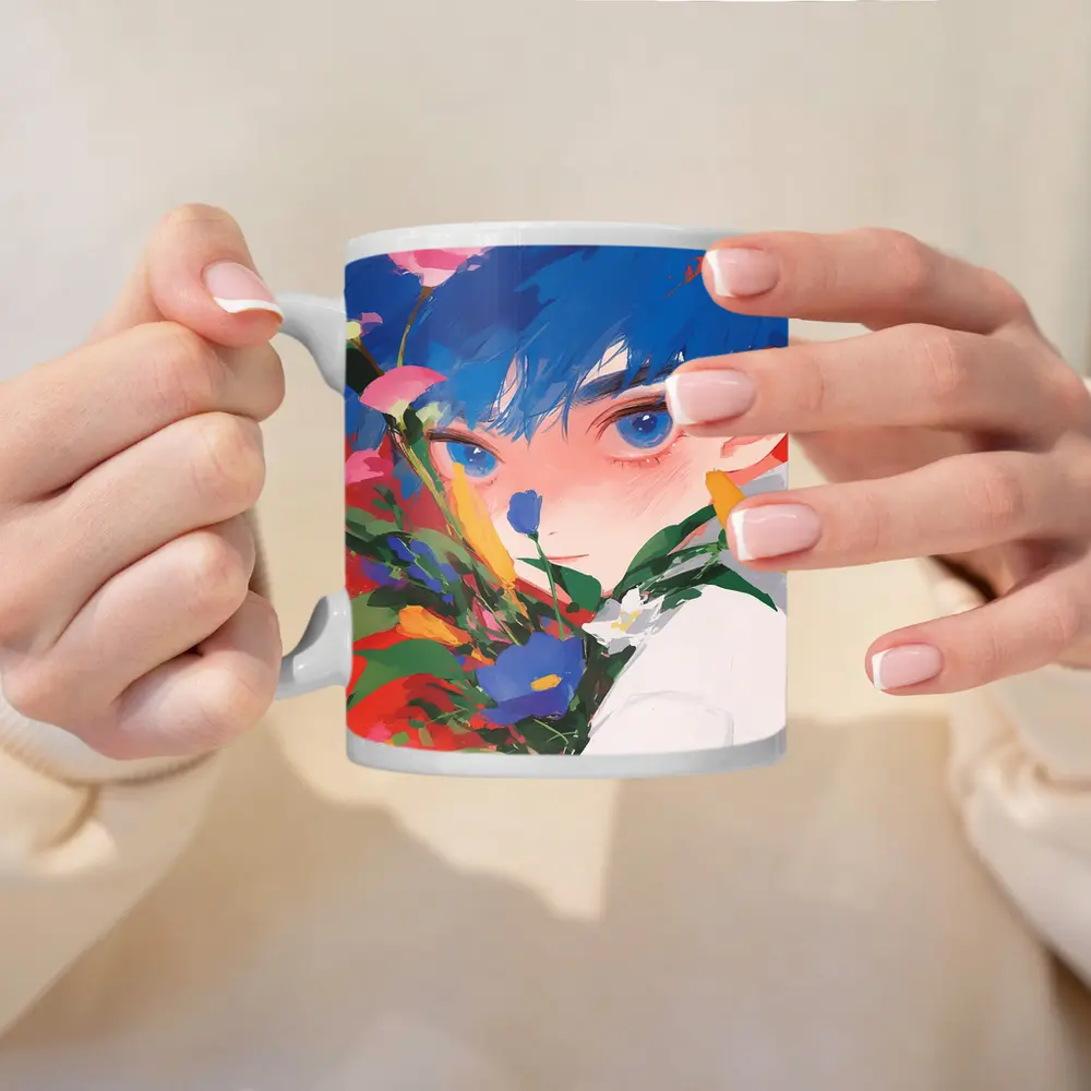Anime Boy Blue Hair Colorful Flowers Red – Mugs