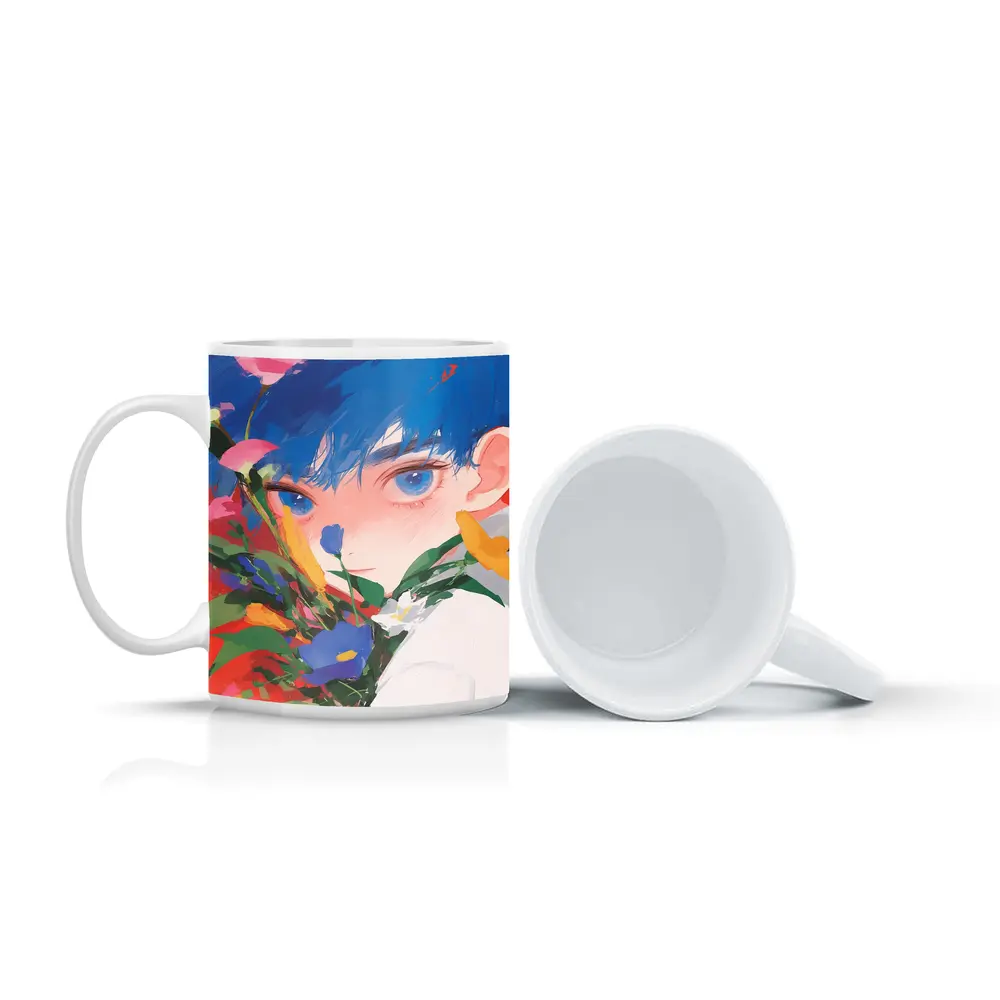 Anime Boy Blue Hair Colorful Flowers Red – Mugs