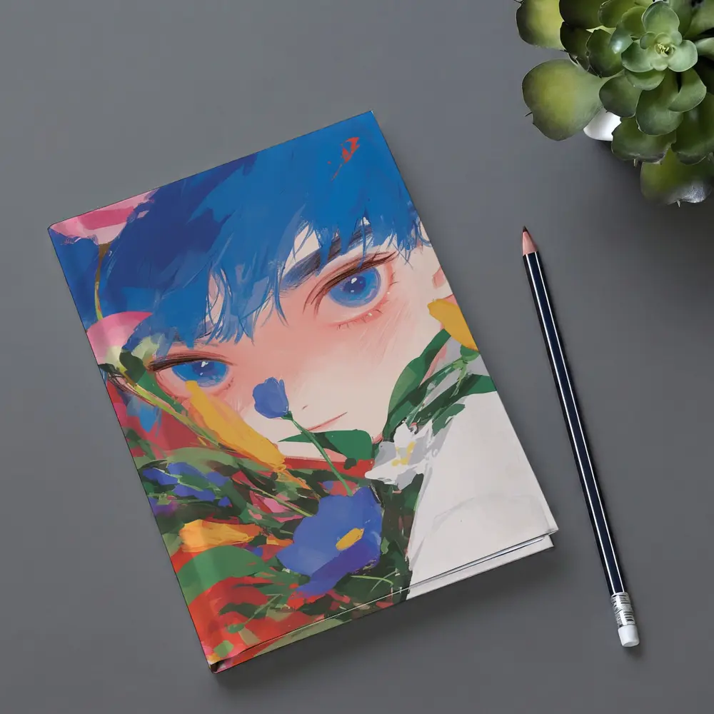 Anime Boy Blue Hair Colorful Flowers Red – Notebooks
