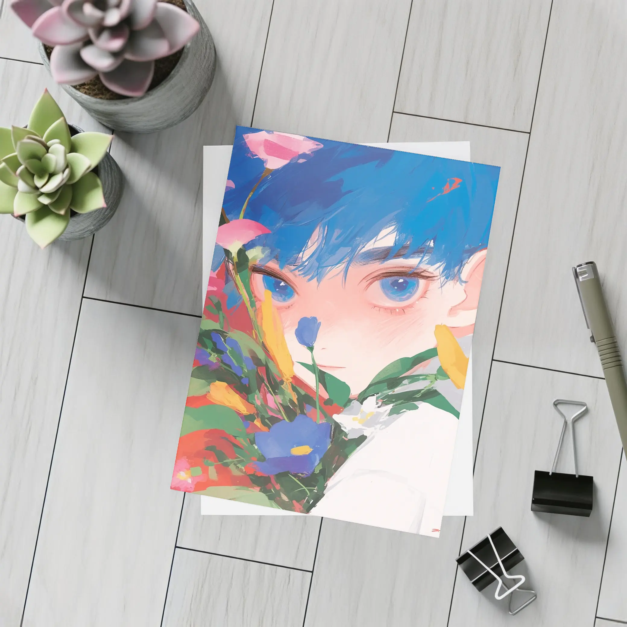 Anime Boy Blue Hair Colorful Flowers Red – Postcards