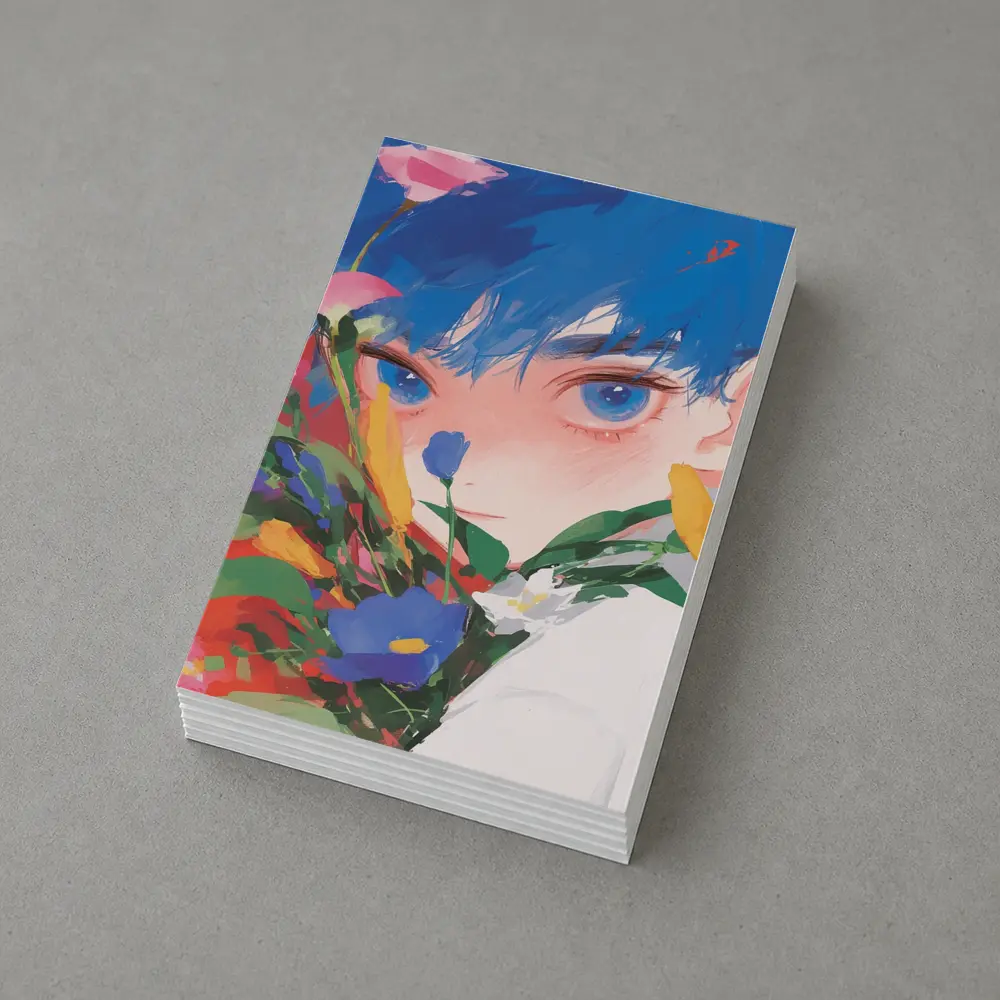 Anime Boy Blue Hair Colorful Flowers Red – Postcards
