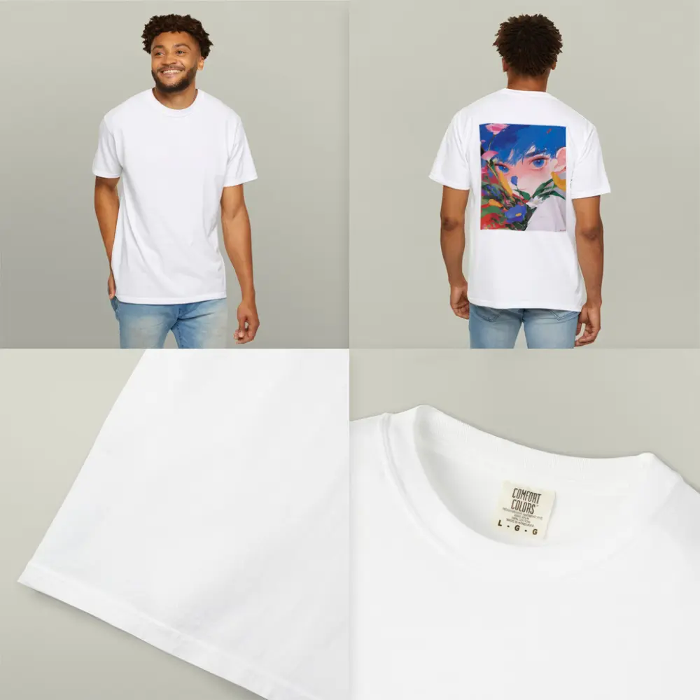 Anime Boy Blue Hair Colorful Flowers Red – T-Shirts