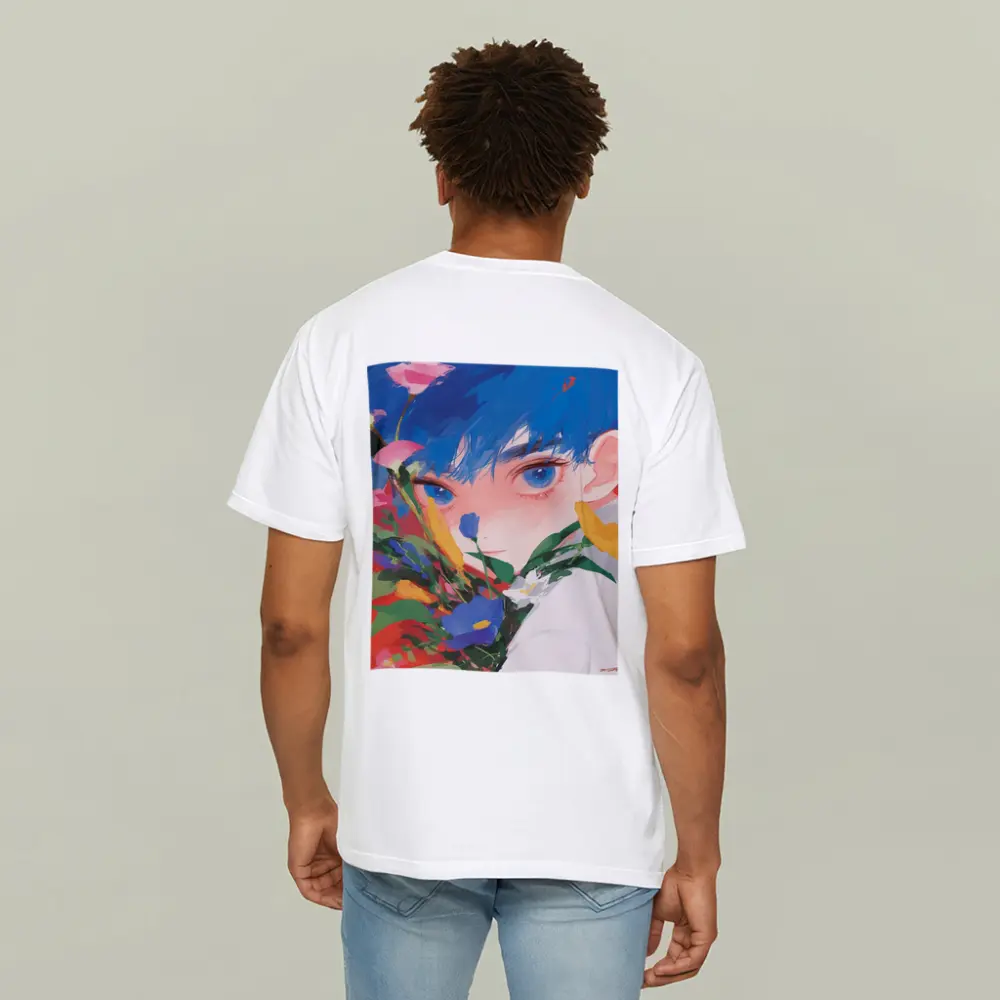 Anime Boy Blue Hair Colorful Flowers Red – T-Shirts