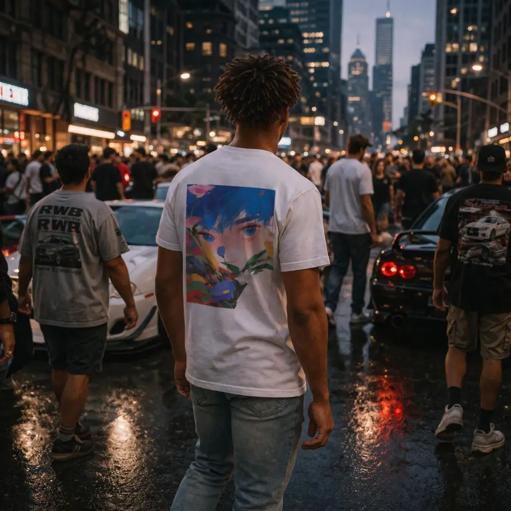 Anime Boy Blue Hair Colorful Flowers Red – T-Shirts
