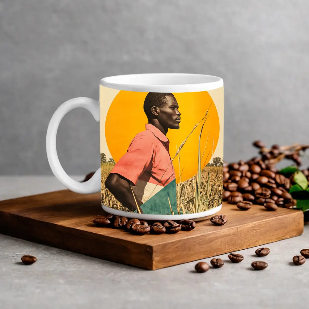 Young Man Standing in Golden Wheat Field – Mugs