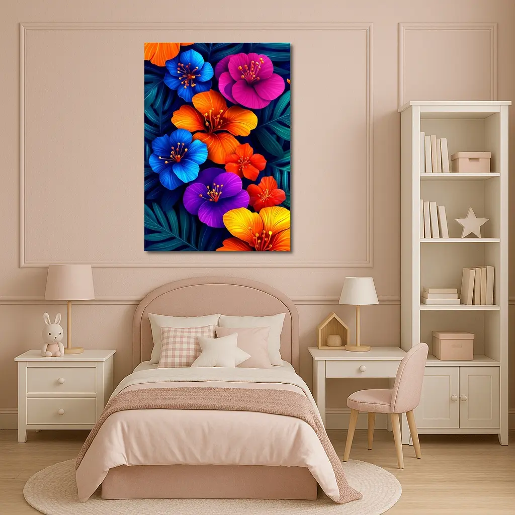 Colorful Tropical Hibiscus Flowers Dark Leaves – Wall Art