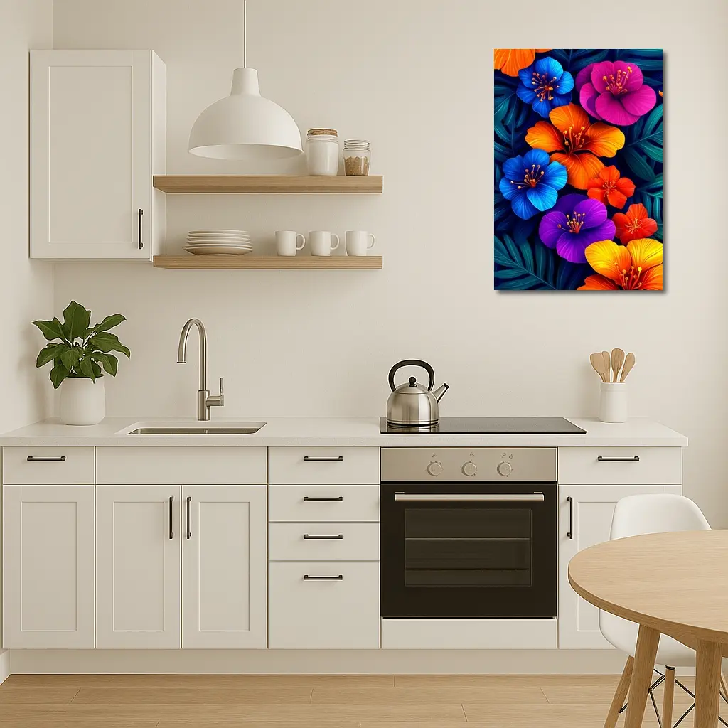 Colorful Tropical Hibiscus Flowers Dark Leaves – Wall Art