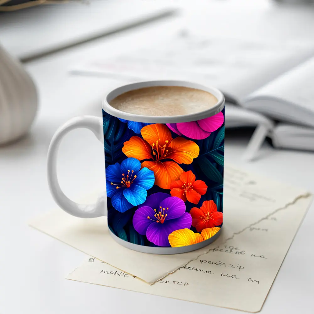 Colorful Tropical Hibiscus Flowers Dark Leaves – Mugs