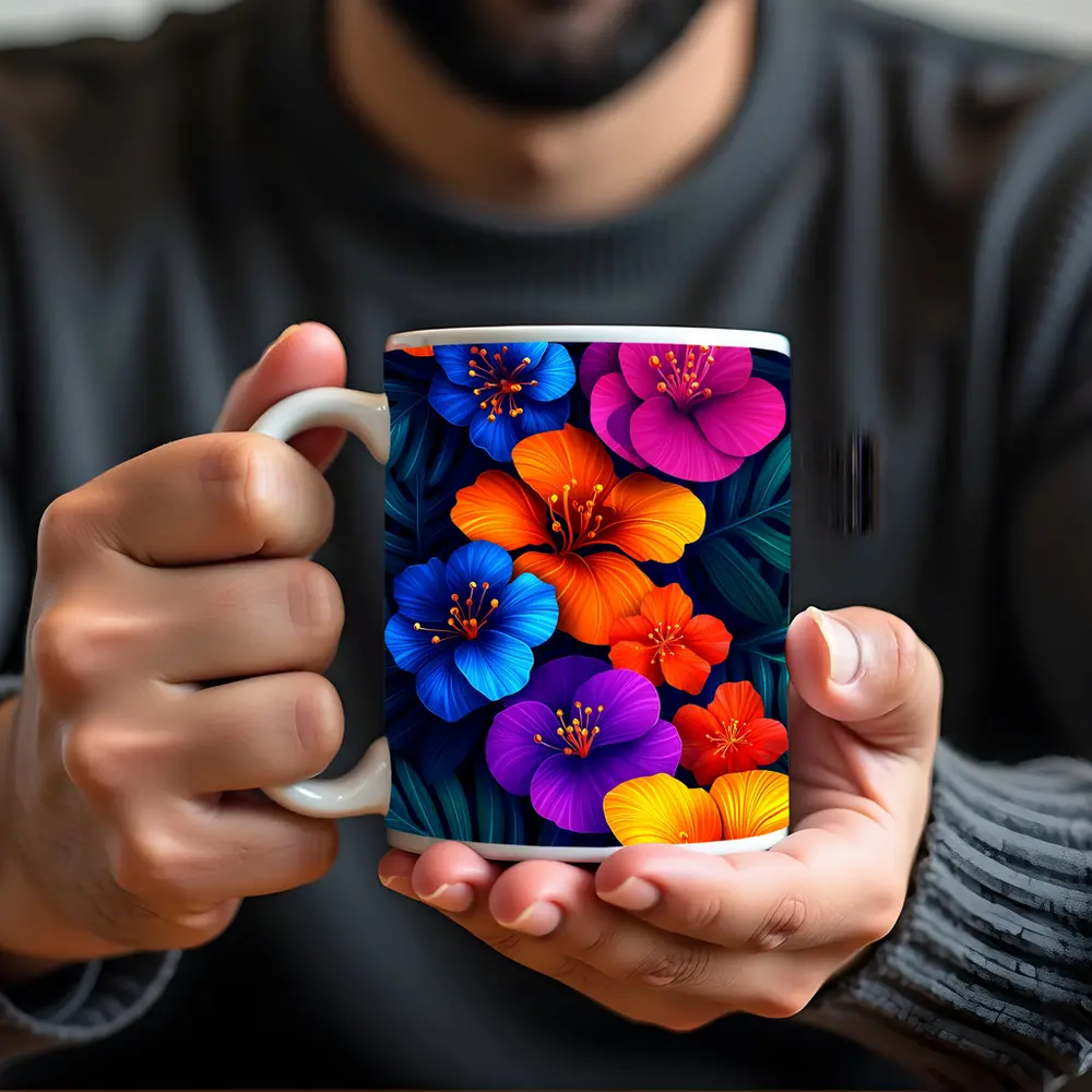 Colorful Tropical Hibiscus Flowers Dark Leaves – Mugs