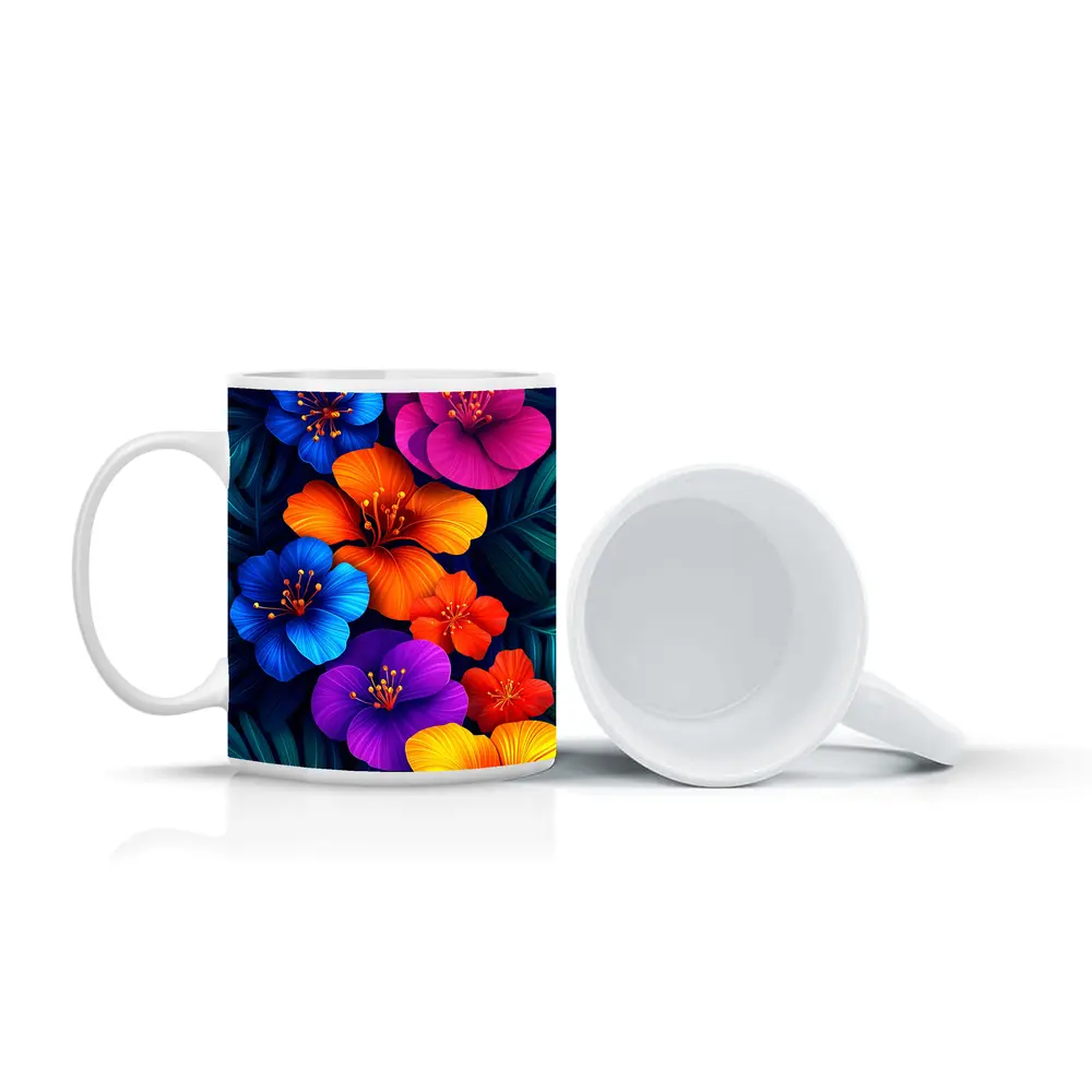 Colorful Tropical Hibiscus Flowers Dark Leaves – Mugs