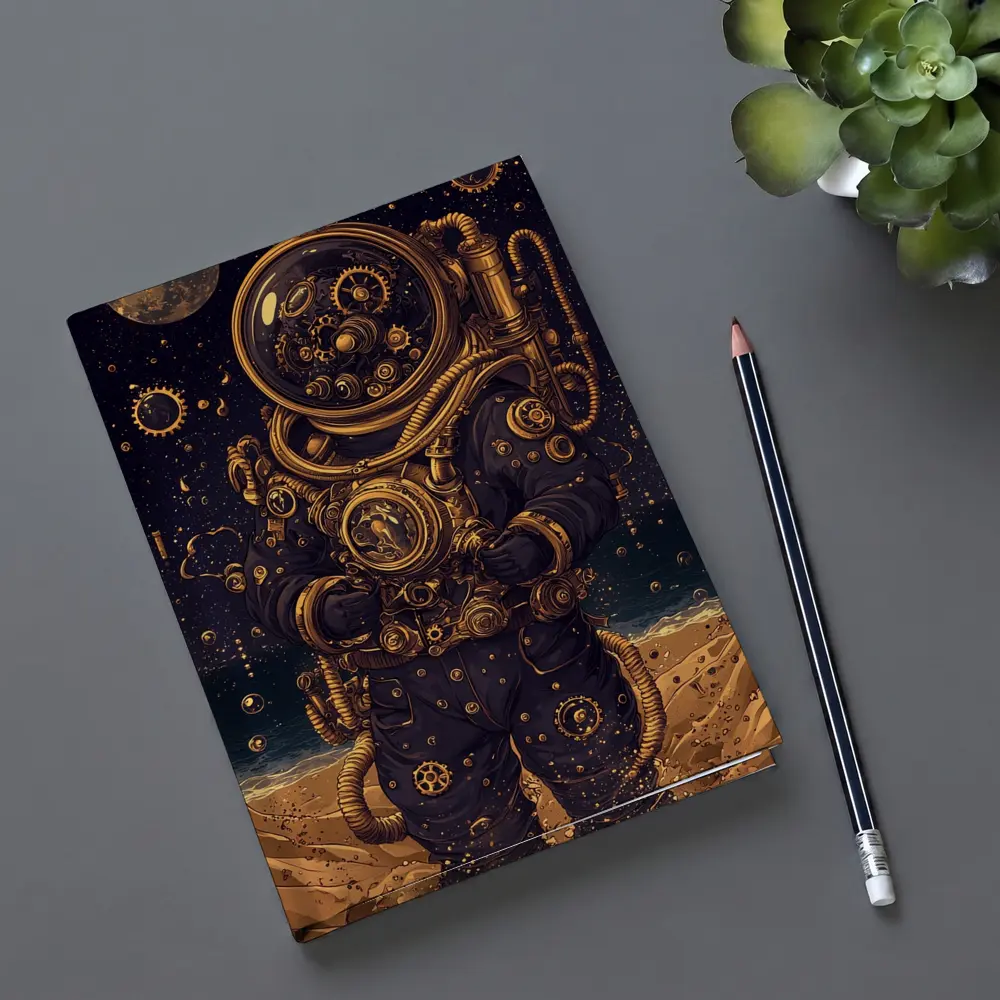 Steampunk Astronaut Standing On Alien Desert – Notebooks